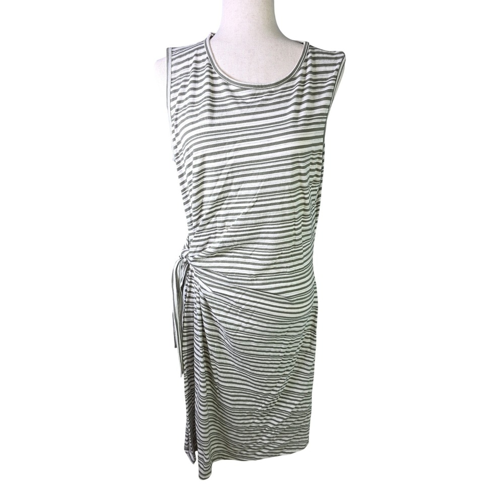 Talbots Womens XL Olive Green White Striped Side Tie Sleeveless Sheath Dress